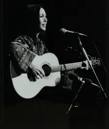 American folk musician Julie Felix performing at the Forum Theatre, Hatfield, Hertfordshire, March 1 Creator: Denis Williams