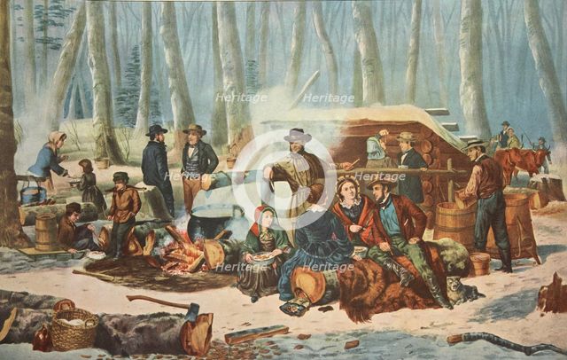 American Forest Scene - Maple Sugaring, pub. 1856, Currier & Ives  (Colour Lithograph)