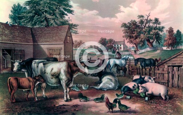 'American Farm Yard in the Evening', 1857. Artist: Currier and Ives