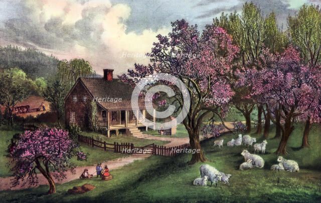 'American Homestead in Spring', 1869. Artist: Currier and Ives