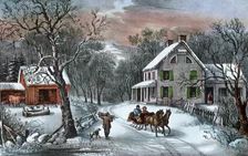American Homestead in Winter 1868. Artist: Currier and Ives
