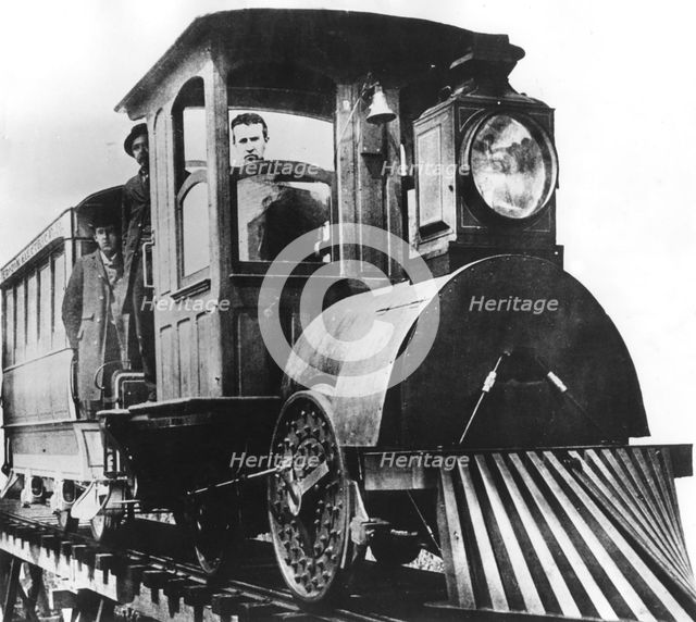 American inventor Thomas Alva Edison on board an electric railroad, 1892. Artist: Unknown