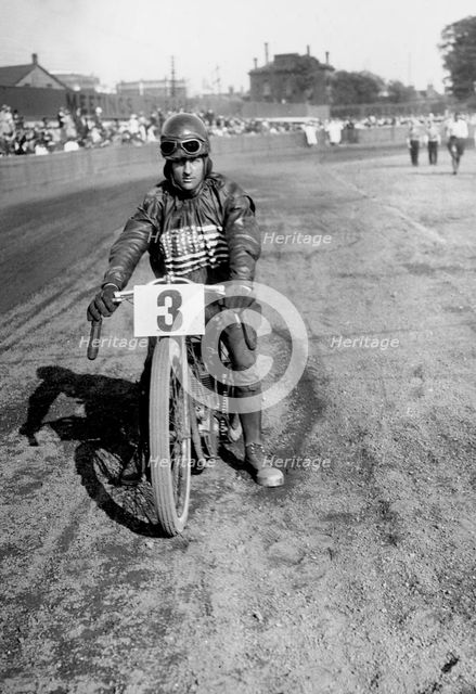 American speedway rider Art Pecha on his Harley-Davidson, Lea Bridge Stadium, Leyton, London, 1928.  Artist: Bill Brunell.