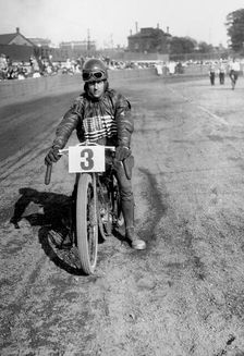 American speedway rider Art Pecha on his Harley-Davidson, Lea Bridge Stadium, Leyton, London, 1928. Artist: Bill Brunell