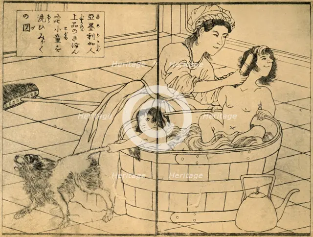 'American Woman Bathing her Children', 1862-1865, (1924).  Creator: Sadahide Utagawa.