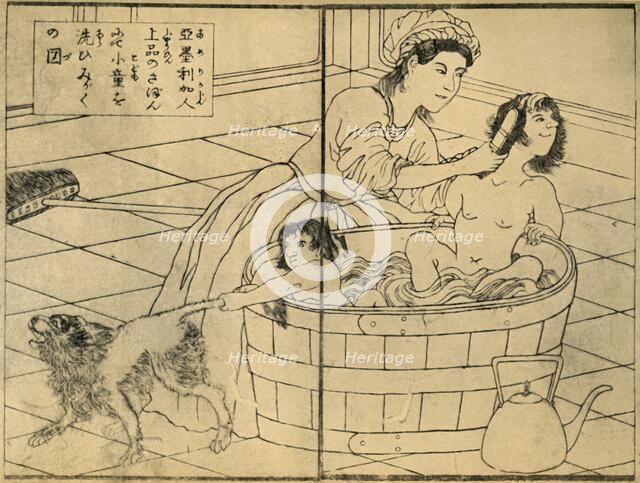 'American Woman Bathing her Children', 1862-1865, (1924).  Creator: Sadahide Utagawa.