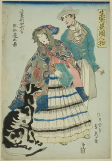 American Woman Playing an Accordion (Amerika nyokan akodeon wo hiku no zu), from..., 1860. Creator: Sadahide Utagawa