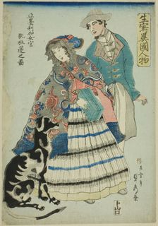 American Woman Playing an Accordion (Amerika nyokan akodeon wo hiku no zu), from..., 1860. Creator: Sadahide Utagawa