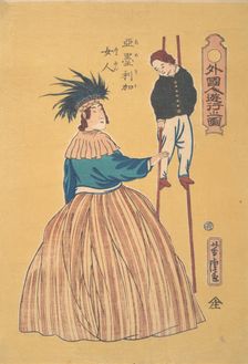 American Woman with Her Child on Stilts, 1st month, 1861. Creator: Utagawa Yoshitora