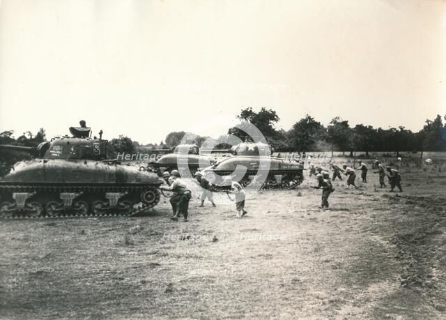 American tank and troops attack Périers, Normandy, July 1944. Artist: Unknown