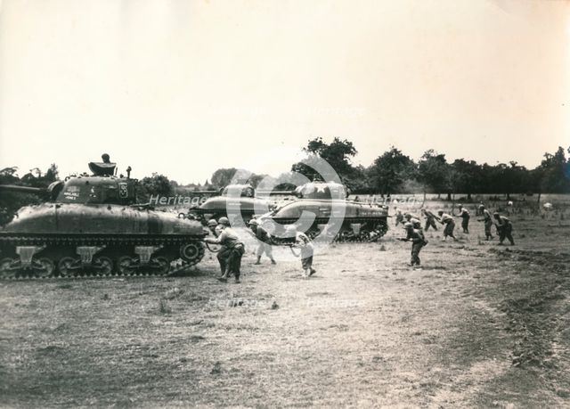 American tank and troops attack Périers, Normandy, July 1944. Creator: Unknown.