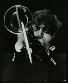 American trumpeter player Bobby Shew playing at the Forum Theatre, Hatfield, Hertfordshire, 1980. Creator: Denis Williams