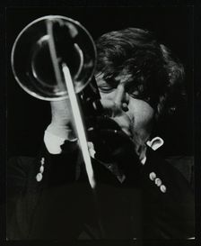 American trumpeter player Bobby Shew playing at the Forum Theatre, Hatfield, Hertfordshire, 1980. Creator: Denis Williams