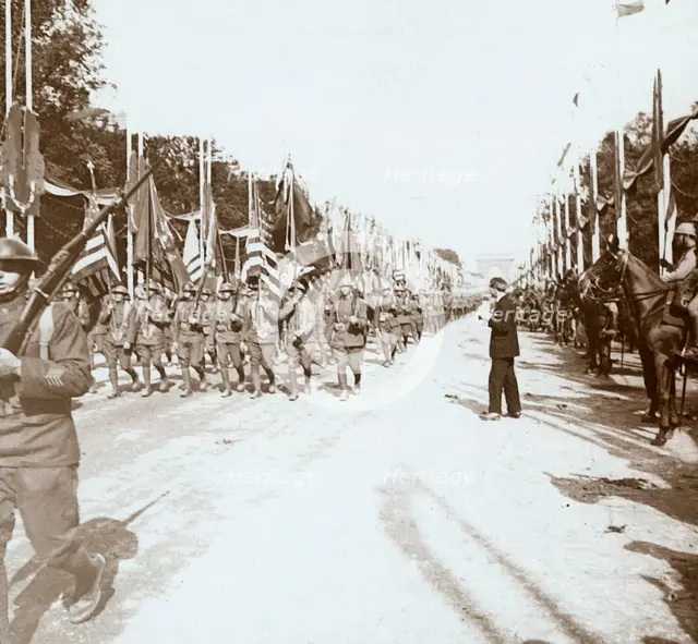 American troops marching in victory parade, Paris, France, c1918-c1919. Artist: Unknown.