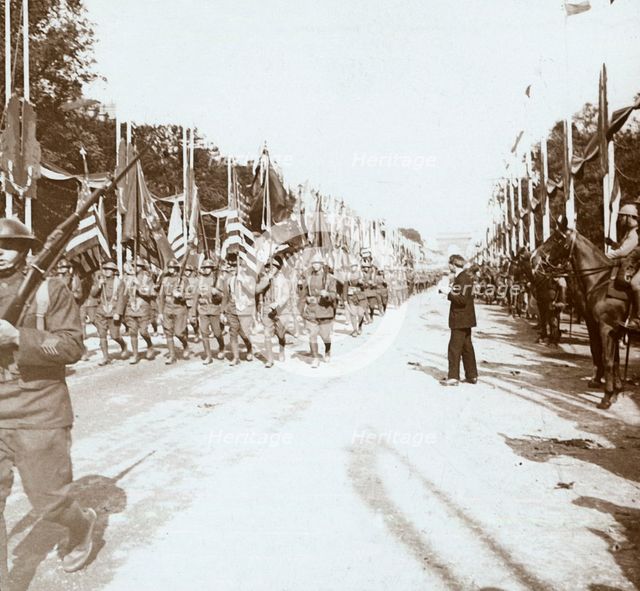 American troops marching in victory parade, Paris, France, c1918-c1919. Artist: Unknown.