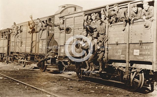 American troops on a train in France, c. 1917.