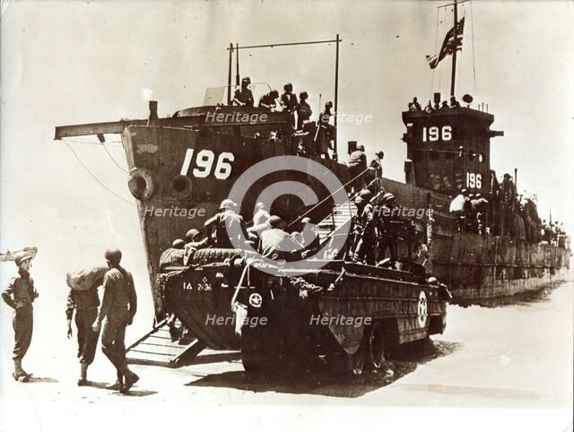 American troops disembark, Invasion of Sicily, July 1943. Artist: Unknown