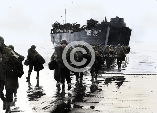 American troops disembark onto the sands of Normandy, 1944. Artist: Unknown.