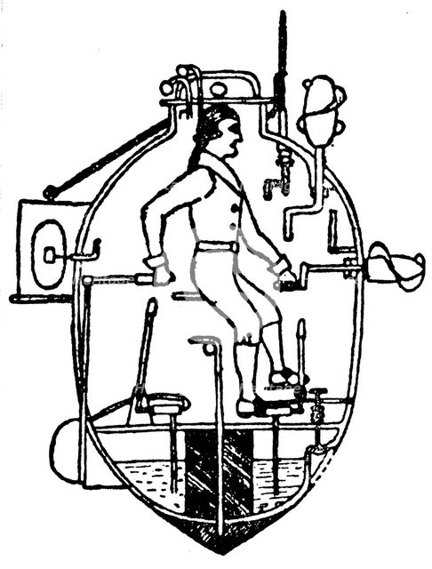 American vessel 'Turtle' (1776), the first submarine to be used in war, 19th century. Artist: Unknown
