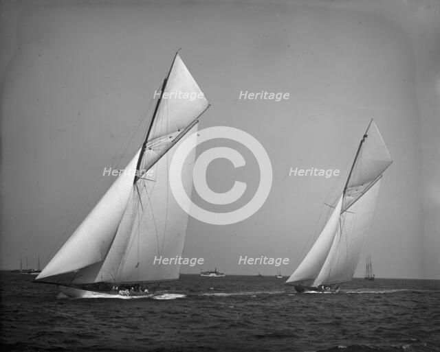 America's Cup Races, 10-3-01, Columbia and Shamrock II before the start, 1901 Oct 3. Creator: Unknown.