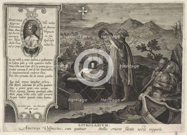 Amerigo Vespucci finding the Southern Cross constellation with an astrolabe (Americae Retectio), 1591. Artist: Galle, Philipp (1537-1612)