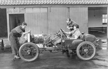 Amherst Villiers and a mechanic taking the revs of a Bugatti Cordon Rouge, c1920s