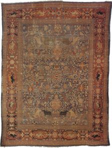 Amida carpet depicting the emblem of Emir: lion attacking bull
