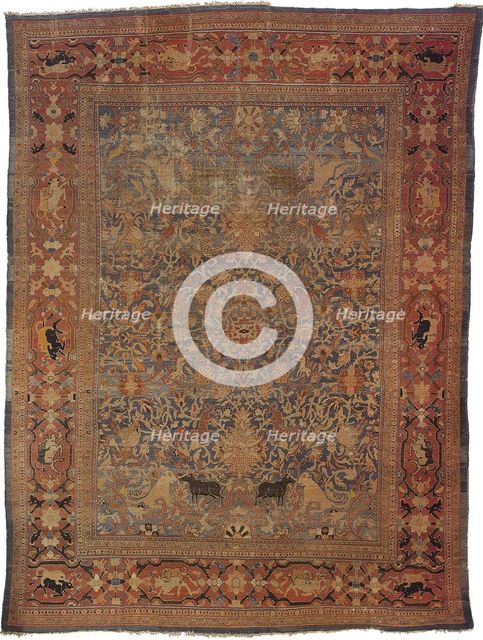 Amida carpet depicting the emblem of Emir: lion attacking bull.