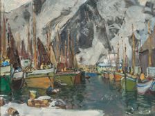 Among the Fishing Boats in Svolvaer. Study from Lofoten, 1934. Creator: Anna Katarina Boberg