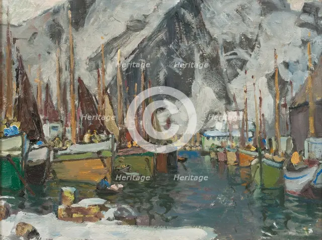 Among the Fishing Boats in Svolvaer. Study from Lofoten, 1934. Creator: Anna Katarina Boberg.