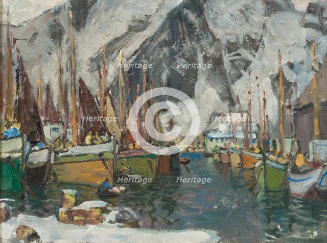 Among the Fishing Boats in Svolvaer. Study from Lofoten, 1934. Creator: Anna Katarina Boberg.