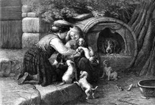 "Amongst the Pets," by J. W. Bottomley, in the Royal Academy exhibition, 1870. Creator: William Hollidge