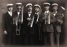 Amorosa, musical sextet, with their brass instruments, Landskrona, Sweden, 1910