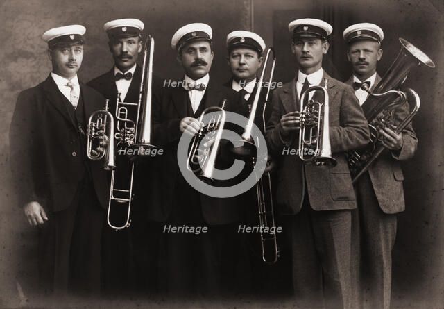 Amorosa, musical sextet, with their brass instruments, Landskrona, Sweden, 1910. Artist: Unknown