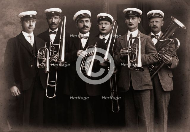 Amorosa, musical sextet, with their brass instruments, Landskrona, Sweden, 1910. Creator: Unknown.