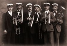 Amorosa, musical sextet, with their brass instruments, Landskrona, Sweden, 1910. Creator: Unknown