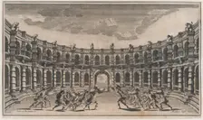 Amphitheater with two groups of soldiers running toward each other; set design from Il Po..., 1668. Creator: Mathäus Küsel