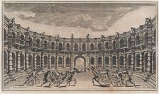 Amphitheater with two groups of soldiers running toward each other; set design from Il Po..., 1668. Creator: Mathäus Küsel