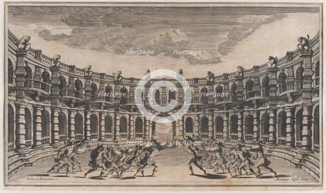 Amphitheater with two groups of soldiers running toward each other; set design from 'Il Po..., 1668. Creator: Mathäus Küsel.