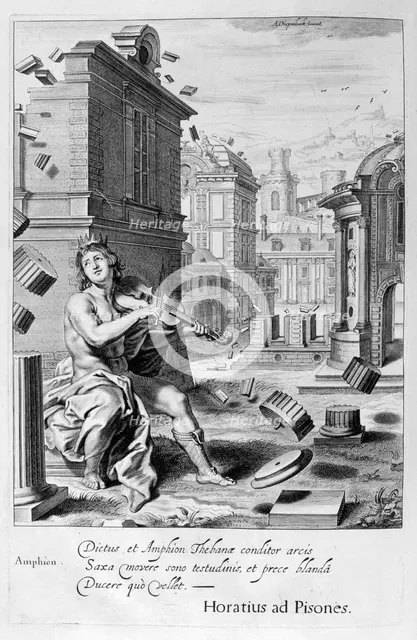 Amphion builds the walls of Thebes by the music of his violin, 1655. Creator: Unknown.