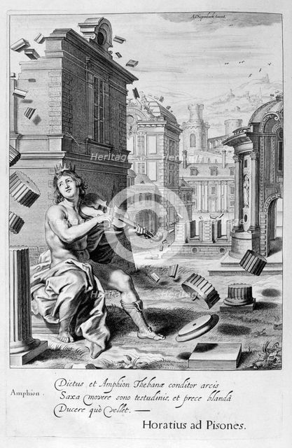 Amphion builds the walls of Thebes by the music of his violin, 1655. Creator: Unknown.