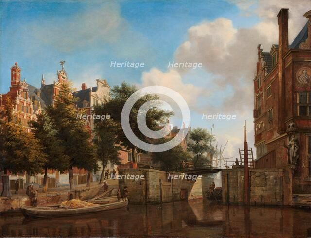 Amsterdam City View with Houses on the Herengracht and the old Haarlemmersluis, c.1670. Creator: Jan van der Heyden.