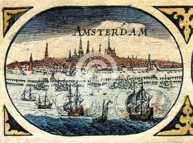 Amsterdam, colored engraving from the book 'Le Theatre du monde' or 'Nouvel Atlas', 1645, created…