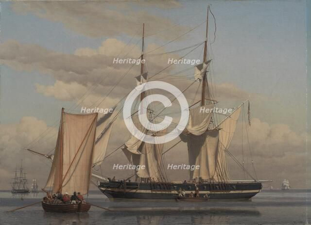 An American Naval Brig Lying at Anchor while Her Sails Are Drying, 1831-1832. Creator: CW Eckersberg.