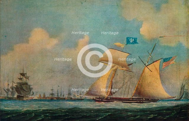 'An American privateer schooner and other vessels near a harbour', c1815. Creator: Burton.