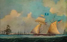 An American privateer schooner and other vessels near a harbour c1815. Creator: Burton