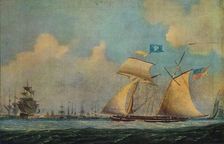 An American privateer schooner and other vessels near a harbour c1815. Creator: Burton