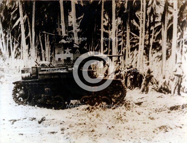 An American tank in the jungle of the Solomon Islands, September 1942. Creator: Unknown.