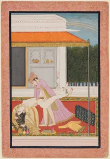 An amorous couple, probably Raja Mahendra Pal of Basohli (r. 1806- 1813) with a favorite...c. 1810. Creator: Unknown