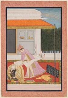 An amorous couple, probably Raja Mahendra Pal of Basohli (r. 1806- 1813) with a favorite...c. 1810. Creator: Unknown